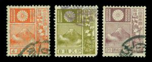 JAPAN  1929 Mt. FUJI & DEER - old Die (19mm), new colours set Sk# 189-191 used