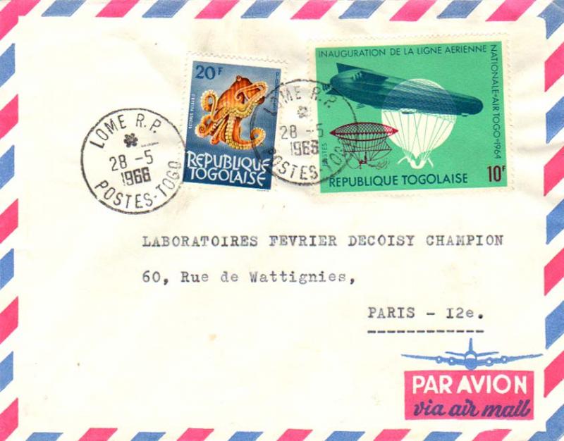 Togo 20F Octopus and 10F Inauguration of Air Togo 1966 Lome R.P. Postes-Togo ...