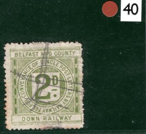 GB Ireland B&CDR RAILWAY QV Letter Stamp 2d BELFAST & COUNTY DOWN Used Pen BRW40