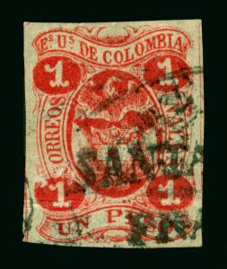 COLOMBIA 1866  Coat of Arms  1p rose  Sc# 49 used SANTANDER FRANCA strike