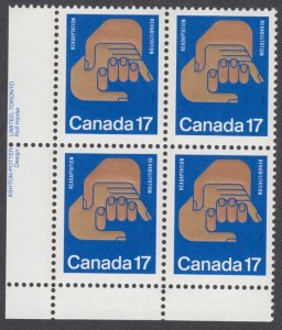 Canada - #856 Helping Hands Plate Block - MNH