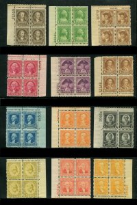 U. S #704-715 Set 1932 Plate Blocks, Washington Bicentennial, F-VF, Never Hinged