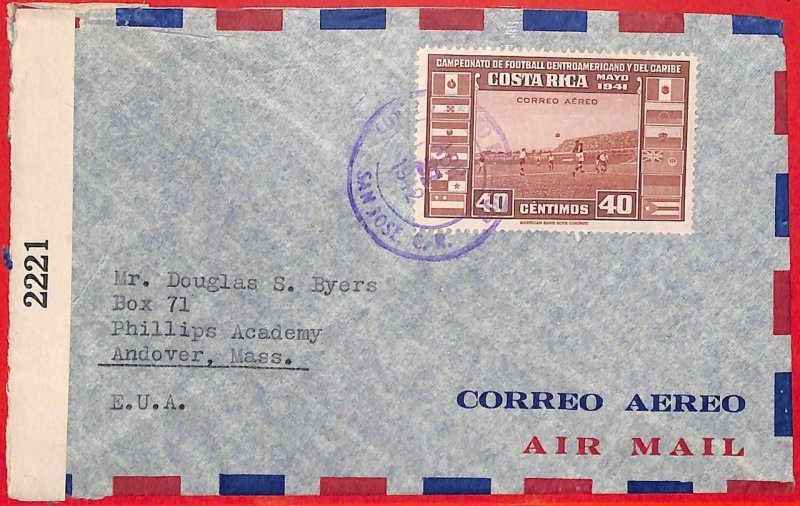 aa2451 - COSTA RICA - Postal History - Censored COVER to US FOOTBALL World 1942 