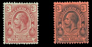 Turks & Caicos Islands #34-35 Cat$47.50, 1913 2sh and 3sh, hinged