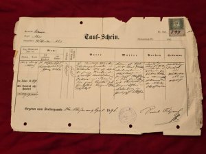 Antique German 1877 Baptism Certificate Taufschein with Stamp & Handwriting