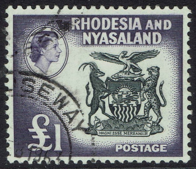 RHODESIA AND NYASLAND 1959 QEII ARMS £1 USED