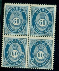 NORWAY #31 (33) 60ore dark blue, Block of 4, og, 2NH/2H, VF, Facit $825.00