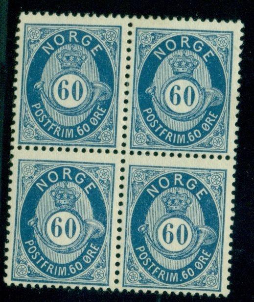 NORWAY #31 (33) 60ore dark blue, Block of 4, og, 2NH/2H, VF, Facit $825.00