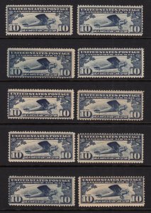 1927 Lindbergh 10c Sc C10 AIRMAIL MNH OG lot of 10 singles CV $125 (B