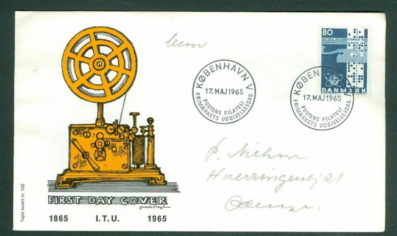 Denmark. FDC Cachet 1965. Telecom. Union  80 Ore Fluorescent. Engr: Slania.