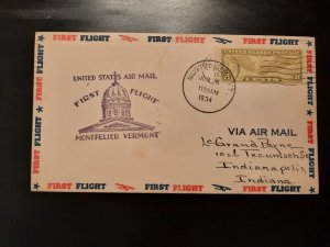 1934 First Flight Air Mail Illustrated Montpelier VT Indianapolis IN