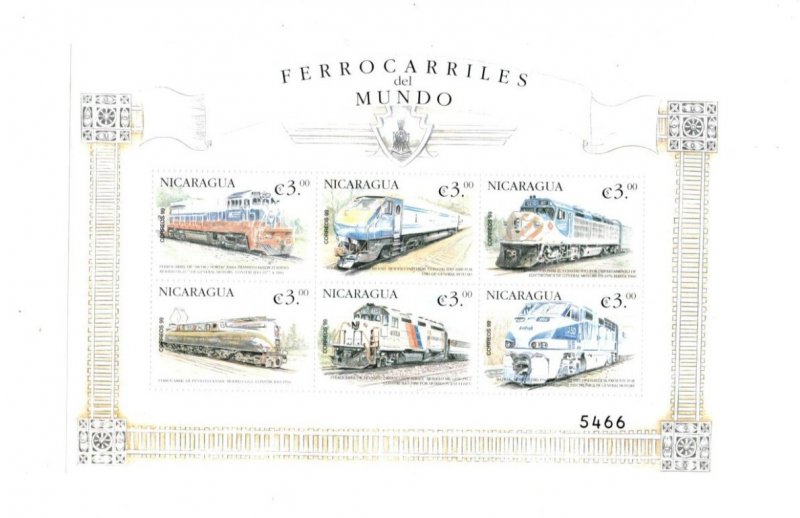 Nicaragua 2000 - Trains - Sheet of 6 stamps - Scott #2328 - MNH