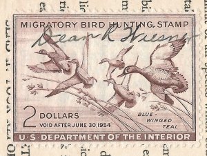 Doyle's_Stamps: Signed, Used #RW20 Federal Duck Stamp of 1953 on License (2)