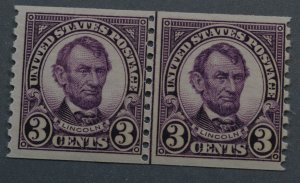 United States #600 Three Cent Lincoln Coil Line Pair MNH