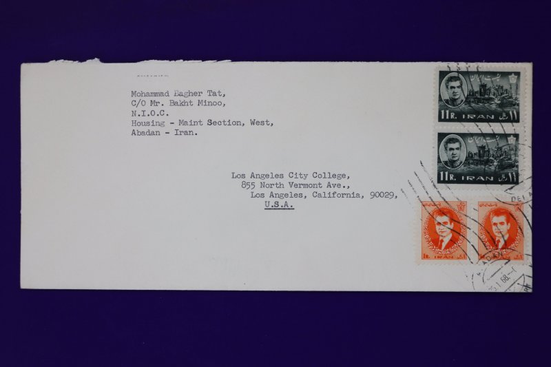 Iran Abadan NIOC airmail cover to USA 1968 used sc#1376 1219 pair