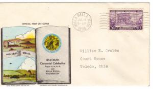 US 783 (PL-12) 3c Oregon Territory FDC Walla Walla WA 1st Whitman Cachet ECV $60