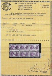 US Sc. #235 NH, copy of PF Cert. for block, Cat. Val. $150.00