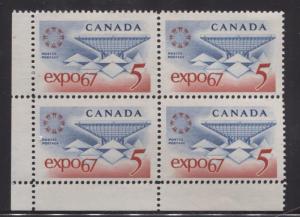 Canada #469 5c Blue and Red Expo 67 DF-fl GW, LF, VF, Strk Gum LL Block F-70 NH