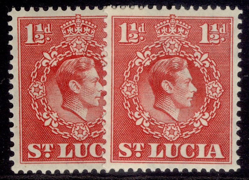 ST. LUCIA GVI SG130 + 130a, 1½d PERF VARIETIES, M MINT.
