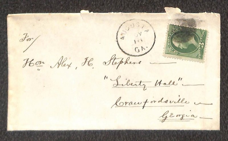 USA158 STAMP ALEXANDER H. STEPHENS AUGUSTA - CRAWFORDVILLE GEORGIA COVER 1876 RD