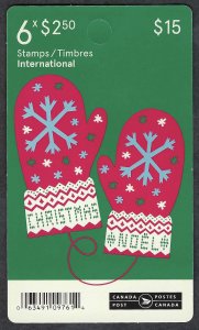 Canada #3136a $2.50 Christmas - Mittens (2018). Booklet pane of 6. MNH.