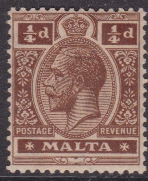 Malta 1914 George V 1/4d deep brown mint hung SG 69a VGC