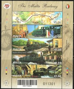 Malta 2023 Railway history Trains from 1883 set of 5 stamps in block MNH