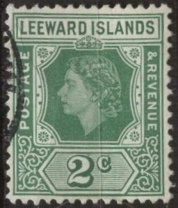 Leeward Islands 135 (used) 2p Elizabeth II, grn (1954)