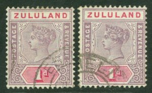 SG 21 & 21a Zululand 1894-96. 1d dull mauve & carmine, shaved 'Z' variety...