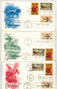 1974 CHRISTMAS + CURRIER & IVES SET OF 3 TRIPLE FDCs ARTCRAFT DIFF COLOR CACHETS