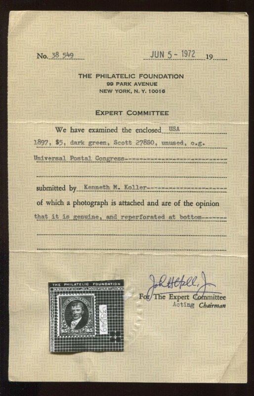 278S Marshall UPC Specimen Stamp with PF Cert Scott 278 BZ1671