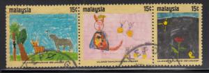 Malaysia 1971 used Scott #87-#89 Strip of 3 Children's drawings UNICEF 25th a...