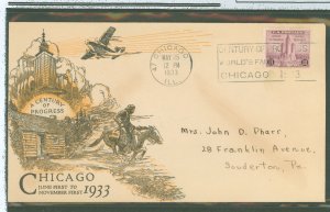 US 729 1933 3c chicago, century of progres perforated single on an addressed fdc with a linprint cachet