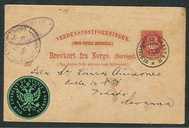 NORWAY 1903, 10ore postal card from RUSSIAN CONSULATE to HAVANA 