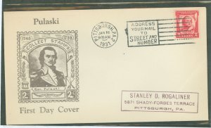 US 690 1931 2c General Pulaski commemorative (single) on an addressed FDC with a Roessler cachet + Pittsburg, PA -  cancel cover