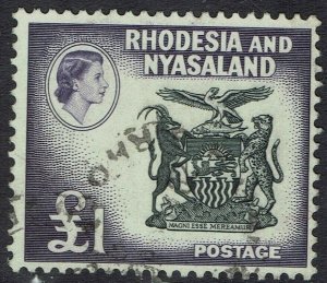 RHODESIA AND NYASALAND 1959 QEII ARMS 1 POUND USED