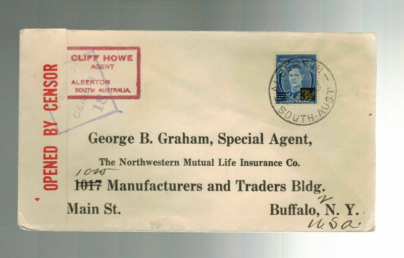 1943 Alberton Australia censored Cover to USA Insurance Company Clifford Howe