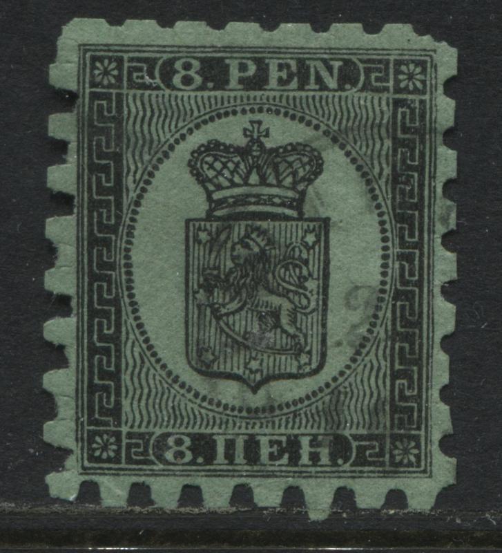 Finland 1867 8 pennia black on green used. (JD)