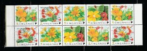 Singapore 865b Booklet Pane MNH Flowers, Folded On Perfs