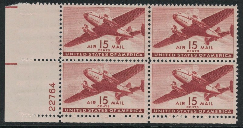 Scott C28- MH Plate Block- 15c Twin Motored Transport Plane- 1941 mint Airmail