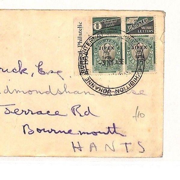 AH128 1936 South Africa Johannesburg Philatelic Exhibition Cover Hants GB PTS