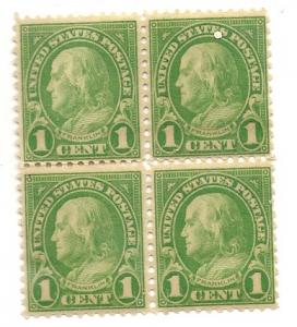 US#632  1c Franklin,Green, block of 4 (MNH) CV$1.40