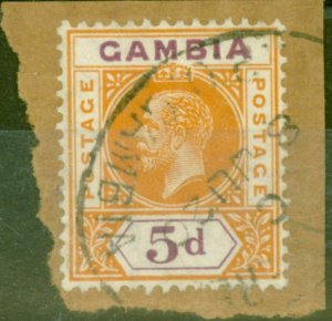 Gambia 1912 5d Orange & Purple SG93var Broken Frame left centre V.F.U on Piece
