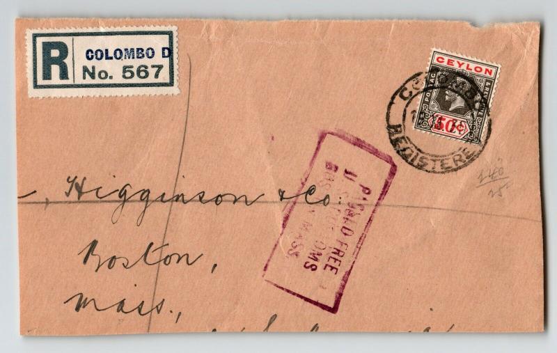 Ceylon 1930 Registered Cover to USA / FRONT ONLY - Z13065