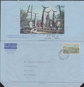 MAURITIUS 1983 2R Fishing aerogramme commercially used to New Zealand......B7621
