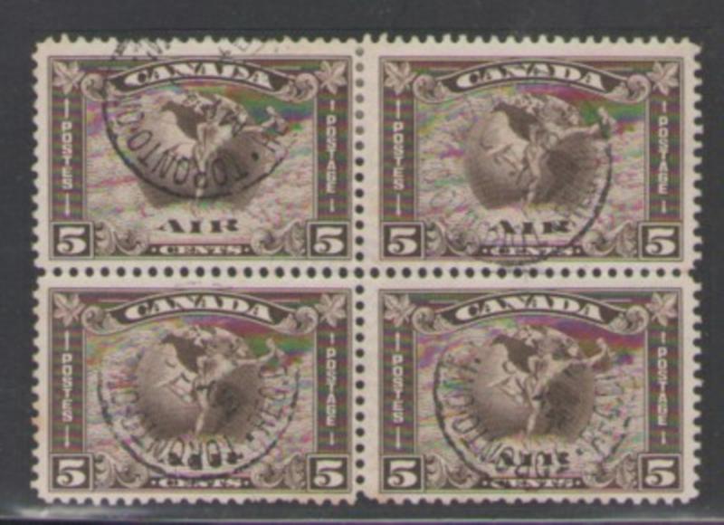 Canada  Sc C2 1930 5c airmail stamp used block of 4