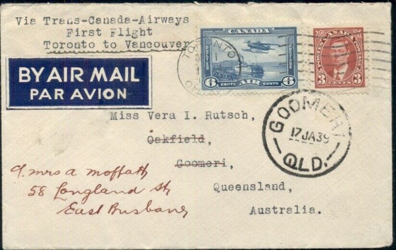 CANADA 1939, FIRST FLIGHT cover to AUSTRALIA, VF