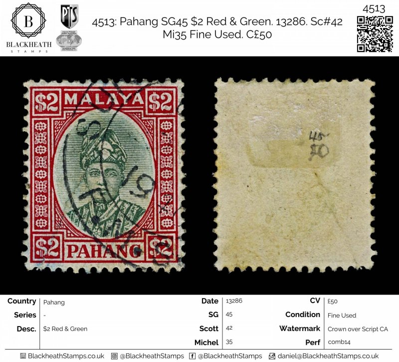 4513: Pahang SG45 $2 Red & Green. 13286. Sc#42 Mi35 Fine Used. C£50