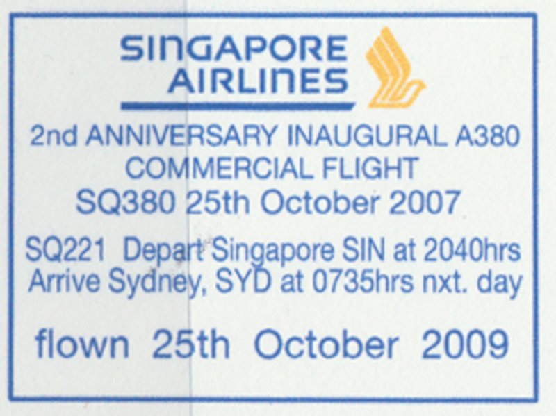 Aviation – Singapore Airlines 2nd Anniversary A380  - SIN - SYD  Flight Cov...