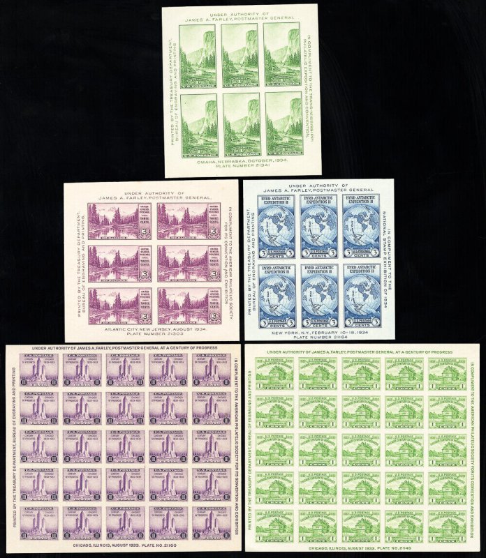 US Stamps # 730-1,35,50-1 MNH VF Lot Of 5 Souvenir Sheet Set